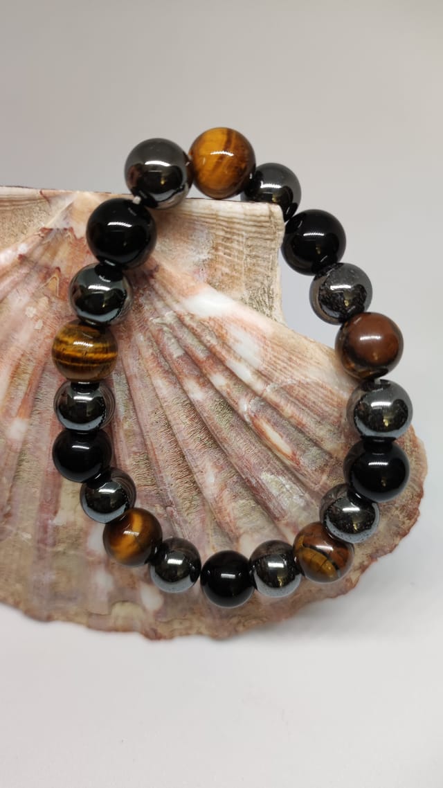 Bracelet Trois Pierres Œil de Tigre Hématite Obsidienne
